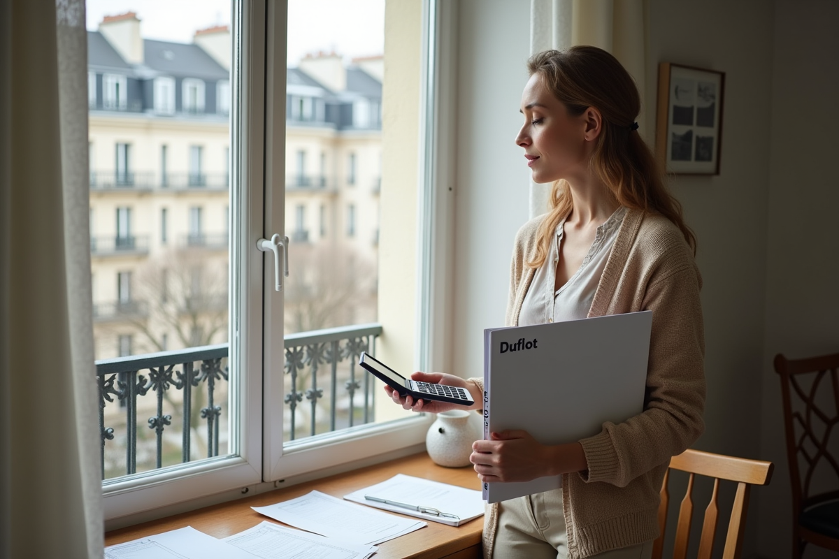 Femme tenant une calculatrice dans un appartement parisien