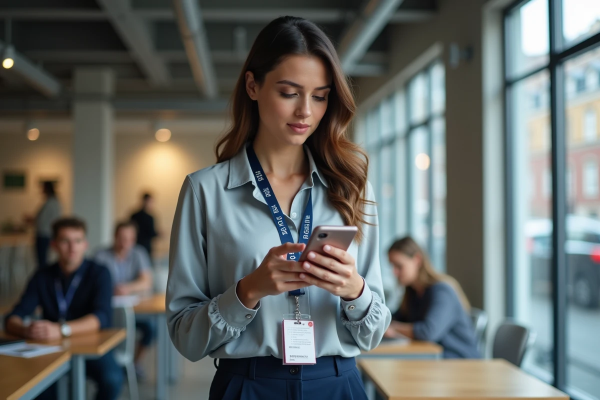 Femme en CDD utilisant son smartphone pour accéder aux aides au logement via Aidologement.com dans un espace de coworking