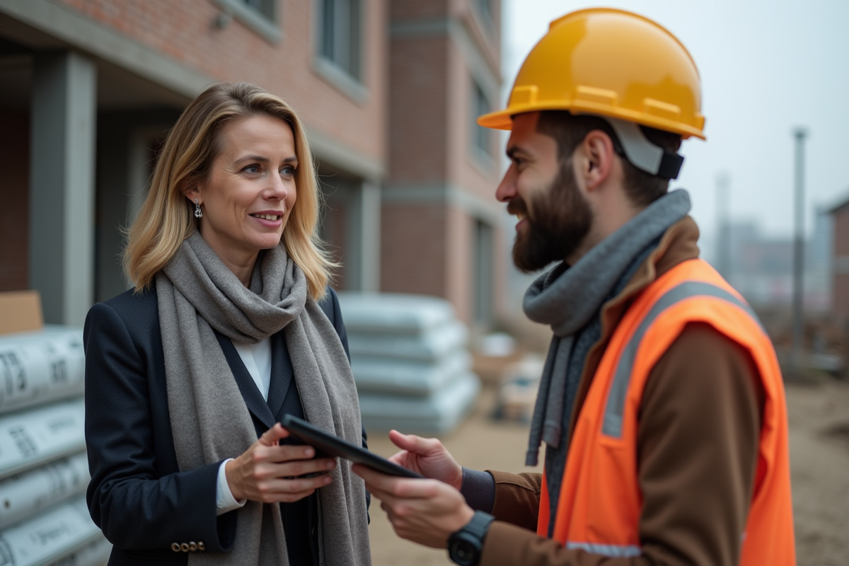 Femme professionnelle discutant avec ouvrier sur site de construction