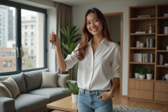 Femme souriante tenant des clés dans un appartement moderne