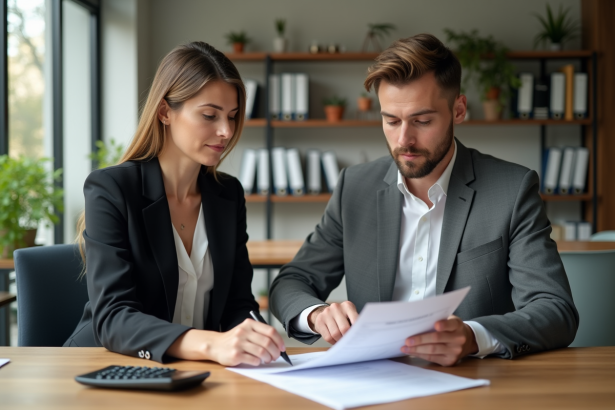 Femme professionnelle examine un contrat de prêt immobilier