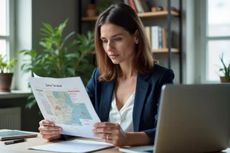Femme consultant un document sur les zones tendues immobilières à son bureau avec une carte de France affichée sur son ordinateur