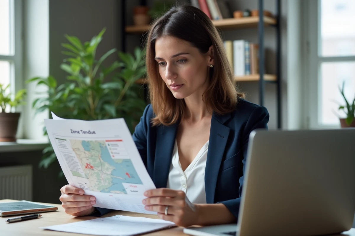 Femme consultant un document sur les zones tendues immobilières à son bureau avec une carte de France affichée sur son ordinateur