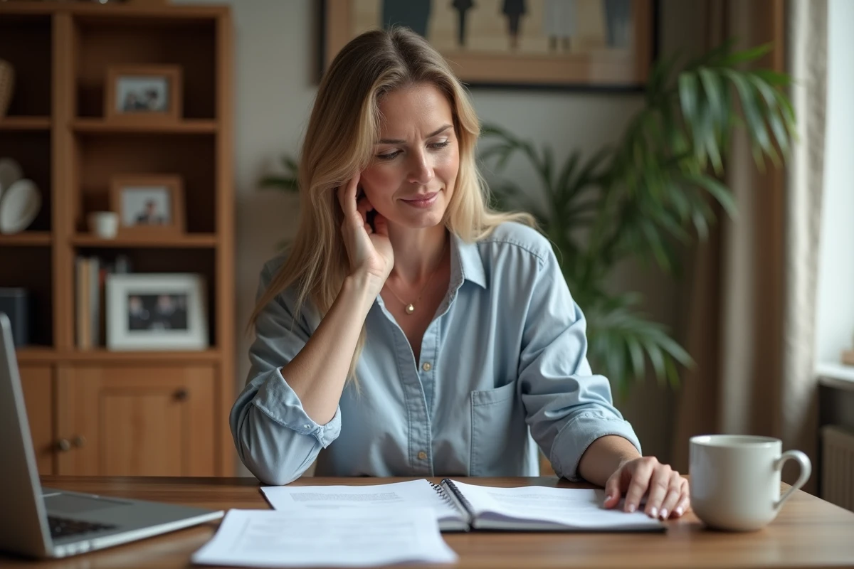 Femme d'âge moyen examinant des documents à la maison
