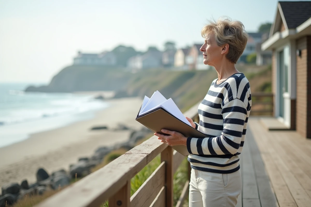 Femme méditant sur une terrasse face à la mer avec documents