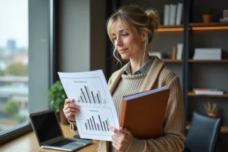 Femme d'âge moyen étudie des graphiques de location dans un bureau moderne