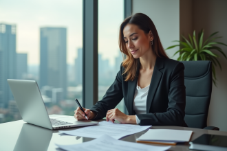 Femme professionnelle examine des contrats immobiliers