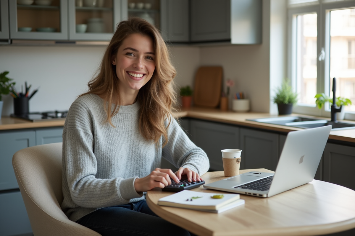 Jeune femme utilisant une calculatrice à la maison