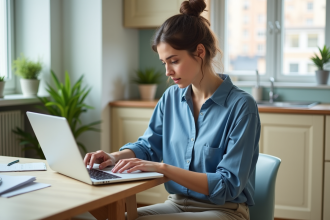Jeune femme concentrée à la cuisine avec ordinateur et carnet
