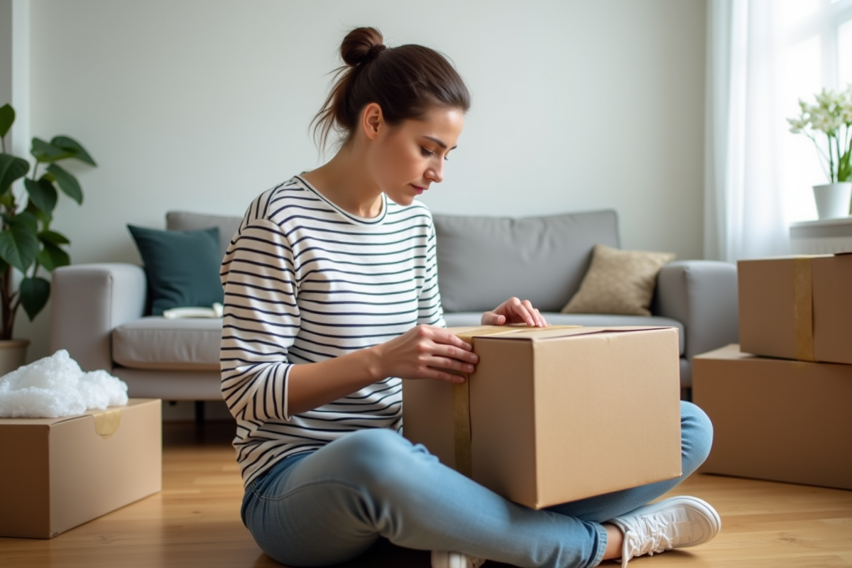 Femme emballant une boxe de demenagement dans un salon ordonne