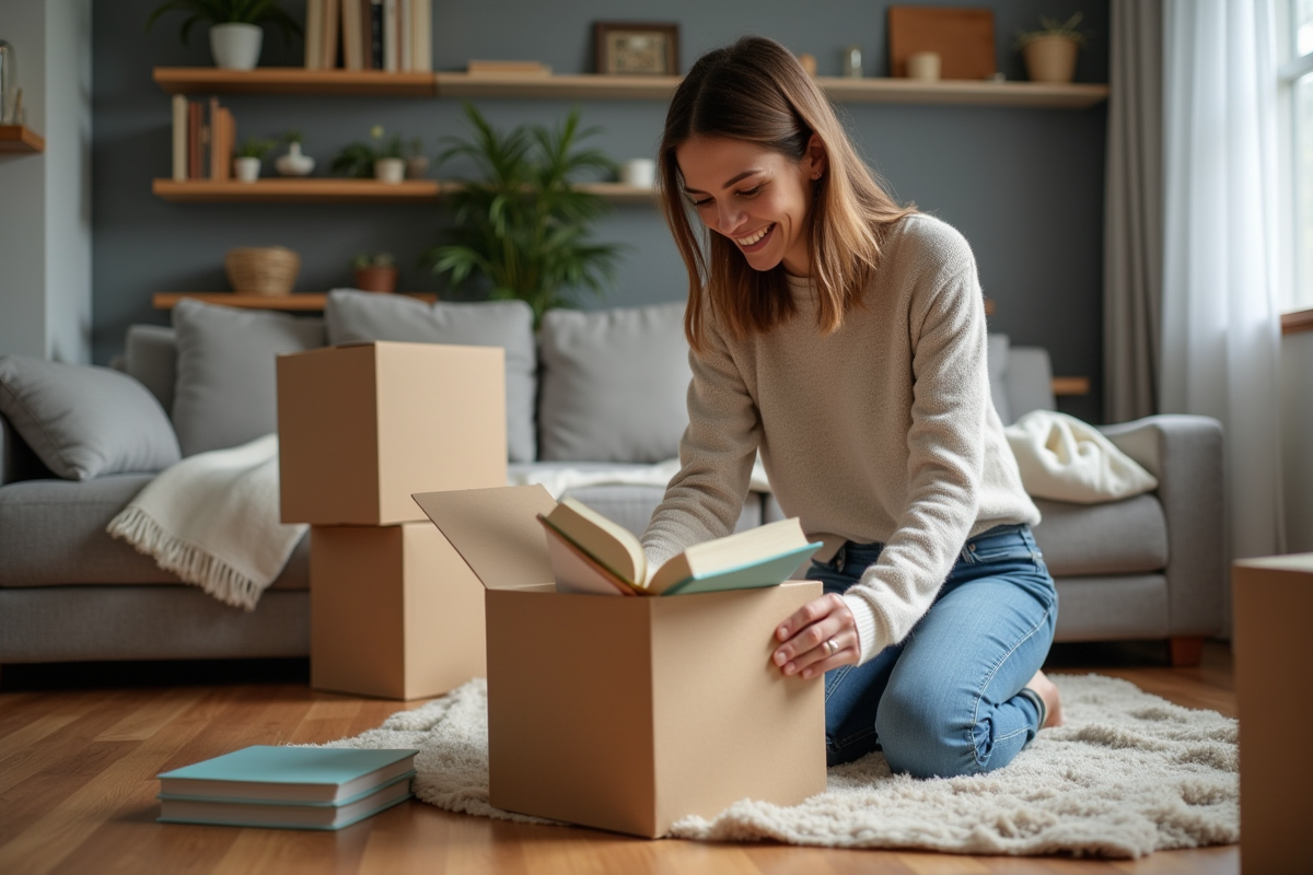 Femme emballant des livres dans un carton pour déménagement