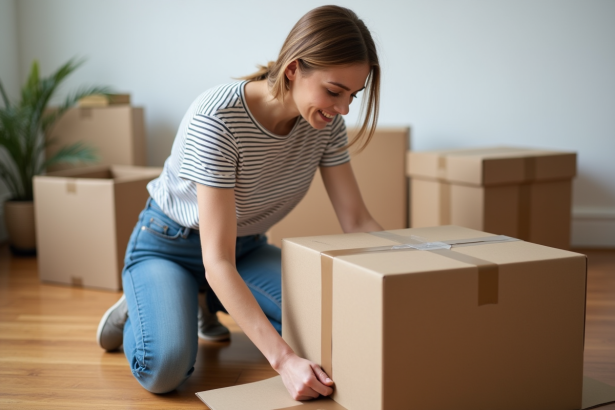 Femme en jeans et tshirt à rayures emballe une box