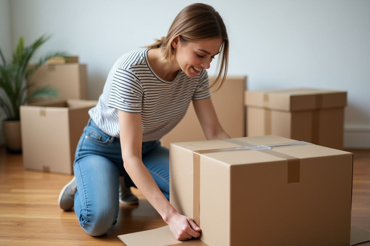 Femme en jeans et tshirt à rayures emballe une box