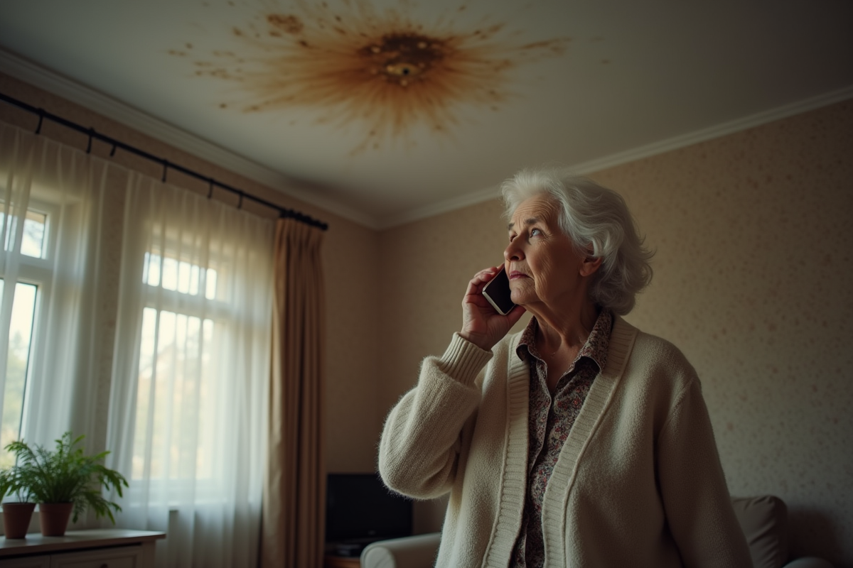 Femme âgée examinant une fuite au plafond