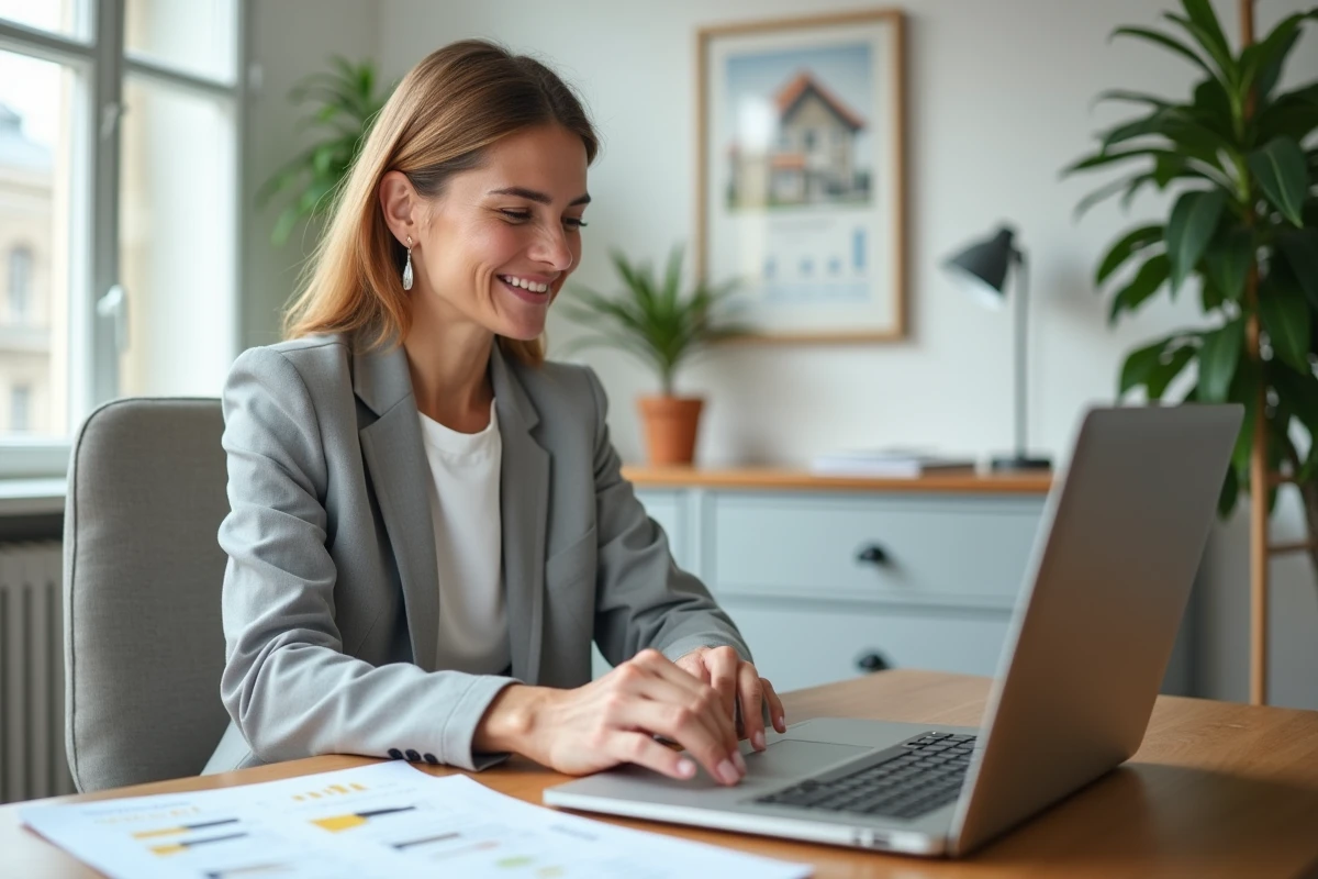 Femme utilisant un logiciel d'estimation immobilière sur ordinateur portable dans un bureau à domicile moderne