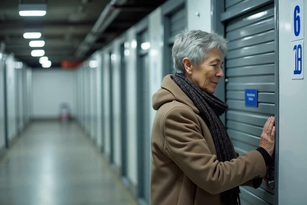 Femme âgée ouvrant porte de box dans parking intérieur