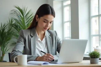 Femme consultant un calendrier numérique sur laptop dans un bureau à domicile organisé pour gérer contrats et acomptes avec un logiciel de gestion