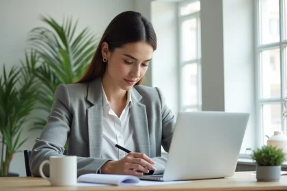 Femme consultant un calendrier numérique sur laptop dans un bureau à domicile organisé pour gérer contrats et acomptes avec un logiciel de gestion