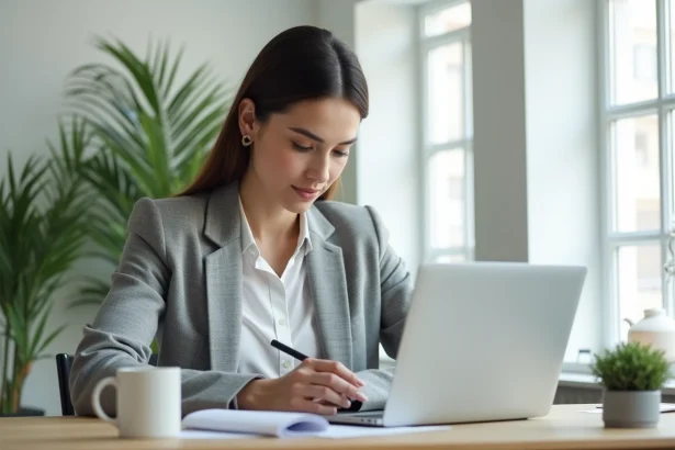 Femme consultant un calendrier numérique sur laptop dans un bureau à domicile organisé pour gérer contrats et acomptes avec un logiciel de gestion