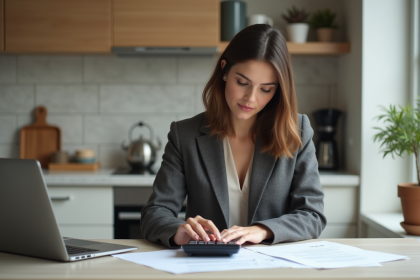 Femme en blazer examine documents de prêt immobilier à la maison