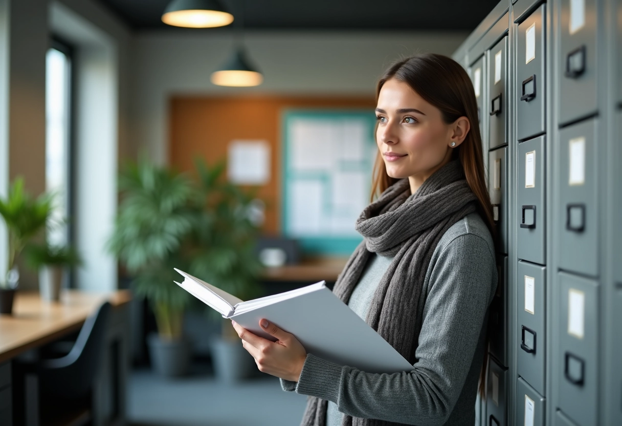 Jeune femme récupère un dossier dans un bureau organisé