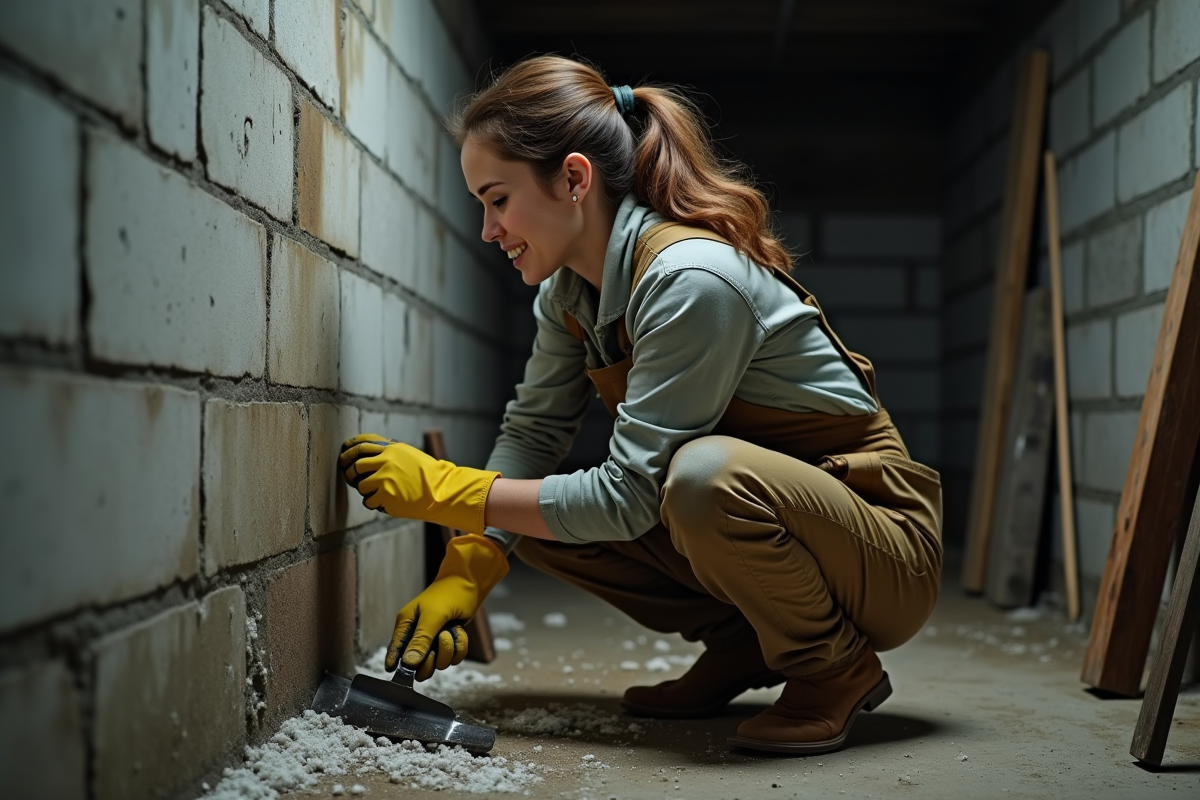 Femme en overalls grattant salpeter sur un mur de cave