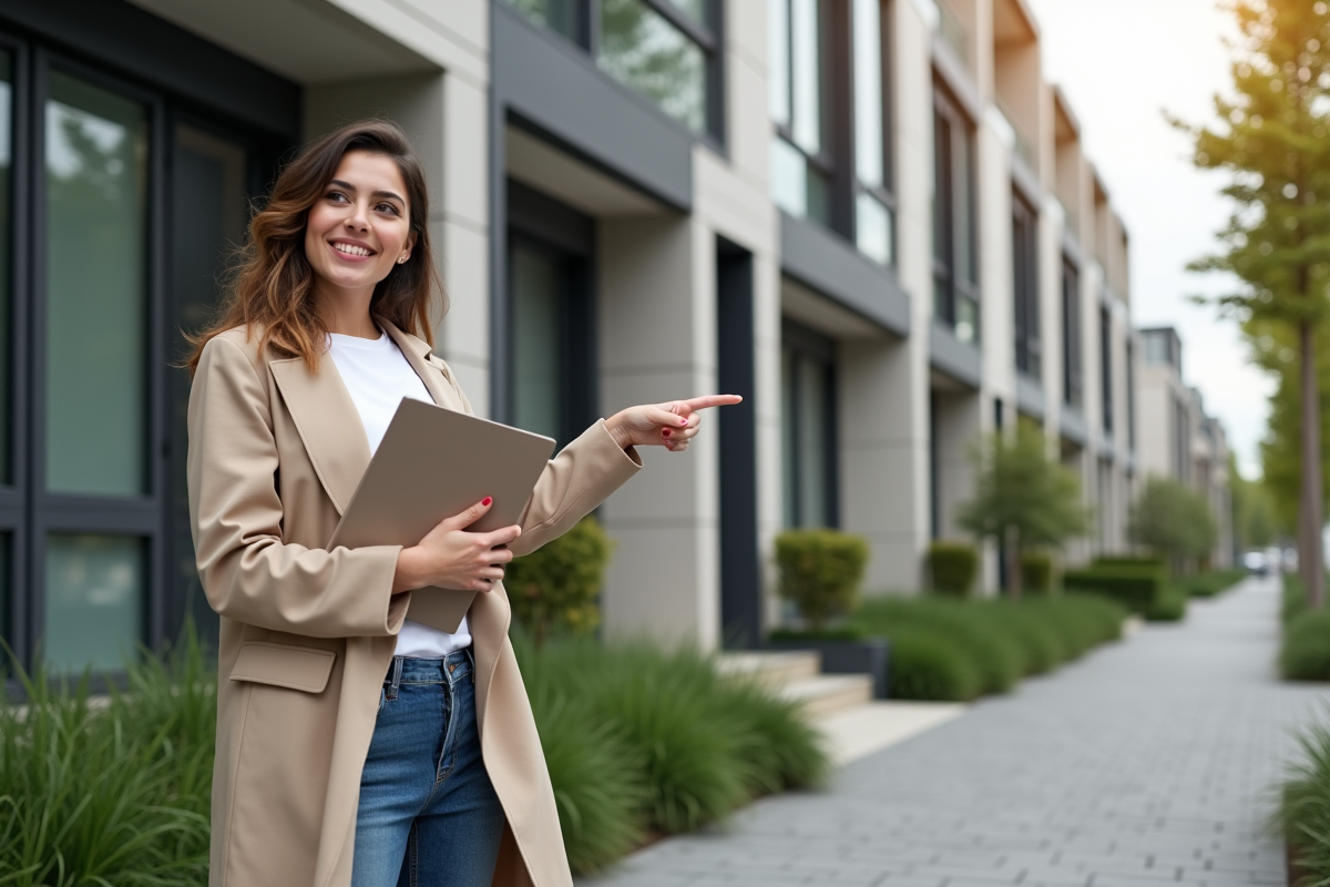 Jeune femme devant un immeuble neuf pointant un panneau de vente