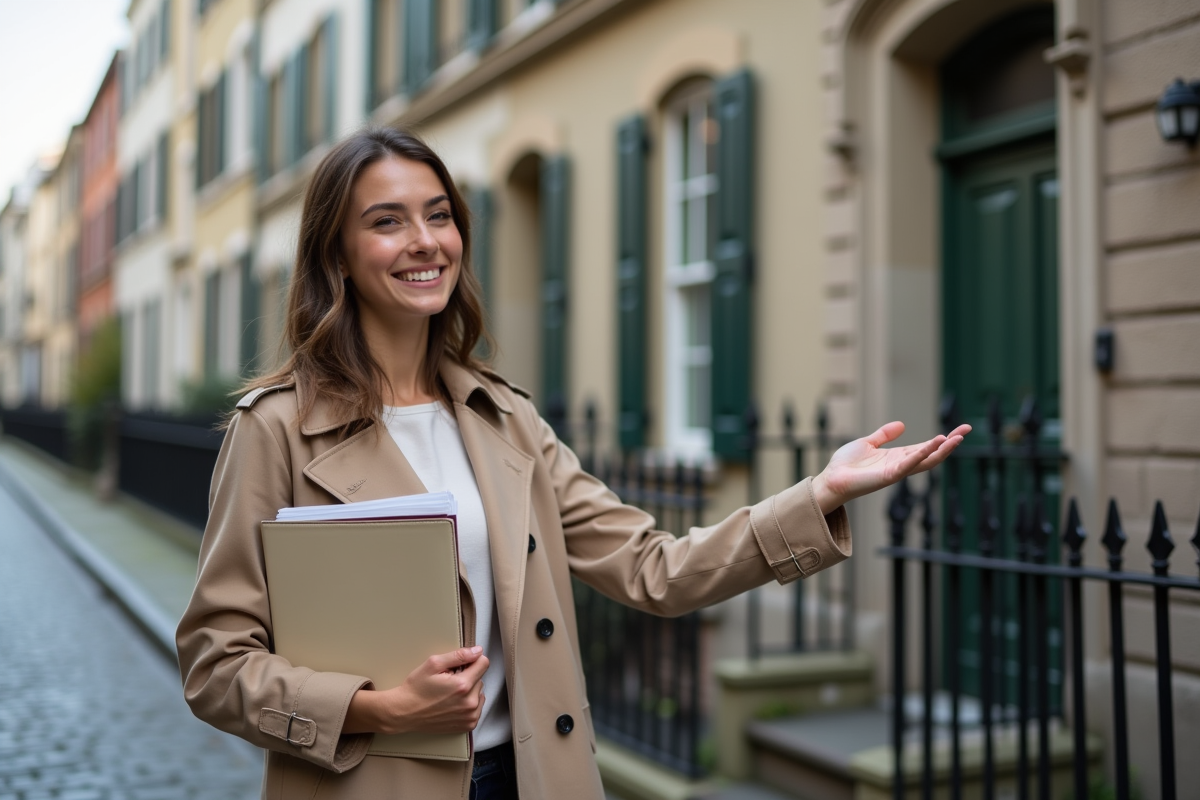 Jeune femme souriante avec un dossier immobilier sur une rue pavée