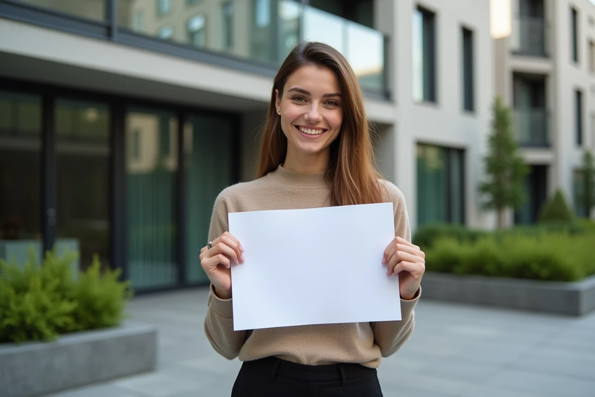 Femme souriante tenant un document immobilier en extérieur