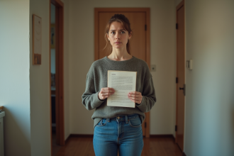Femme inquiète tenant un avis d'expulsion dans un couloir