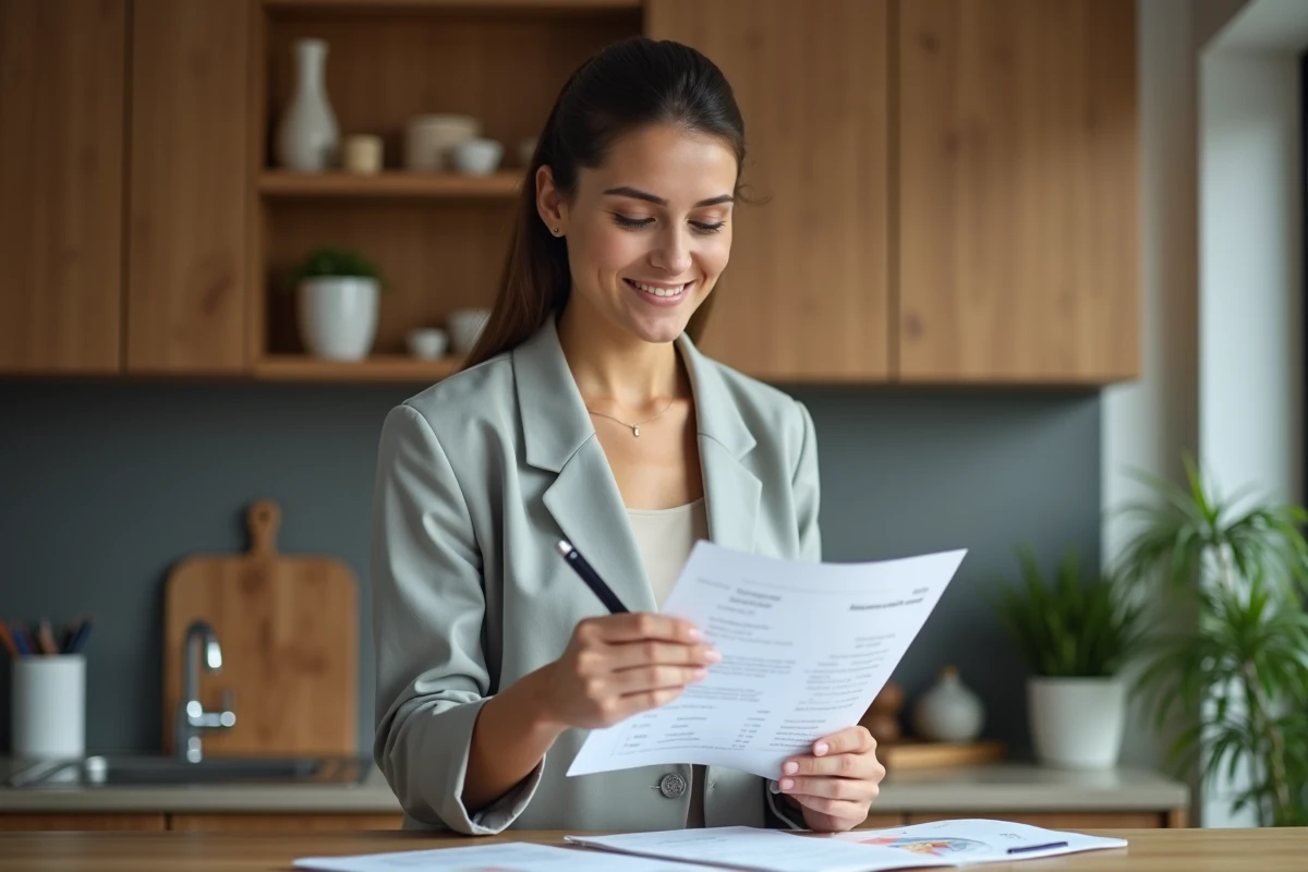 Femme souriante lisant documents d'investissement dans une cuisine chaleureuse