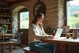 Femme travaillant sur son ordinateur dans une maison de campagne