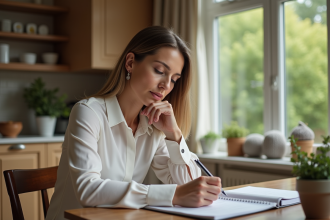 Femme d'âge moyen lisant des documents dans une maison chaleureuse