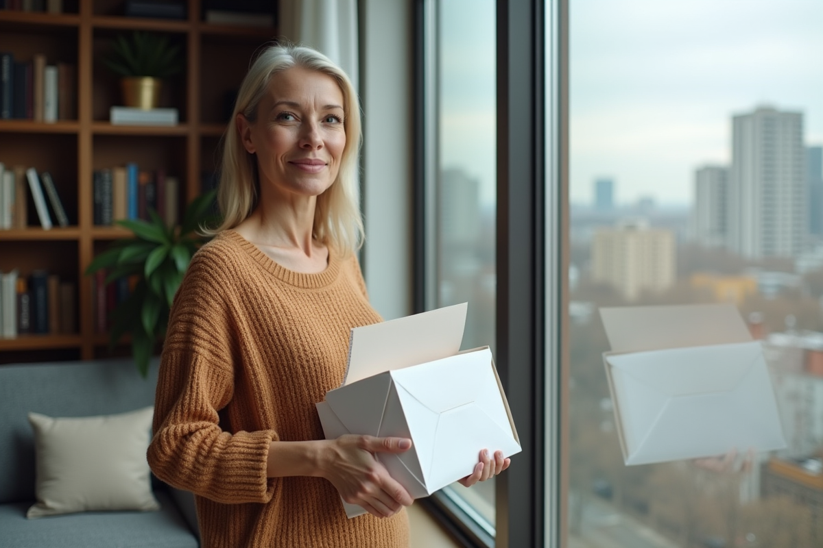 Femme souriante tenant du courrier dans un appartement lumineux