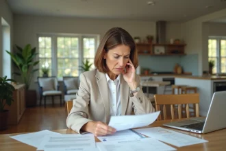 Femme d'âge moyen examinant des papiers dans un salon lumineux