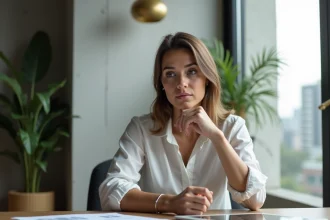 Femme professionnelle assise à un bureau moderne avec documents immobiliers