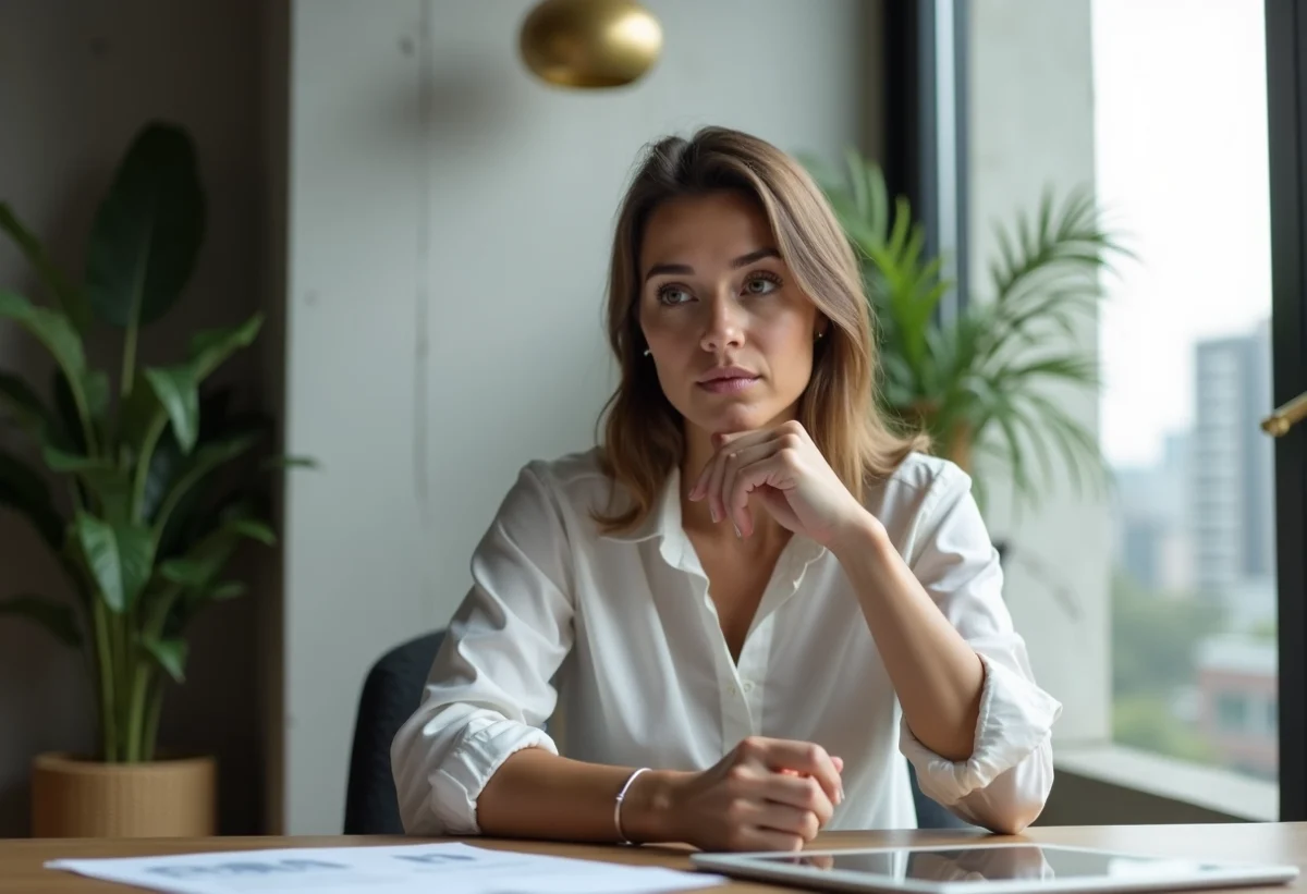 Femme professionnelle assise à un bureau moderne avec documents immobiliers