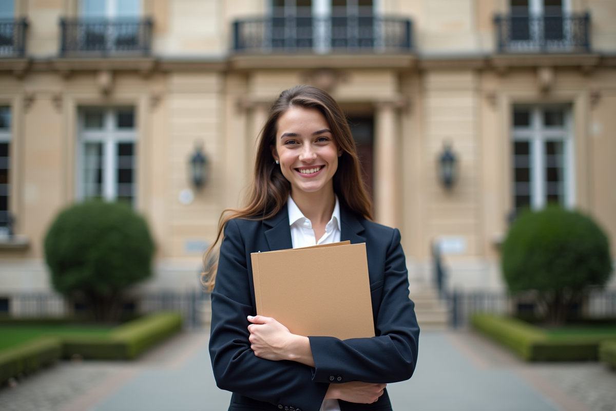 Jeune femme souriante devant bâtiment historique restauré