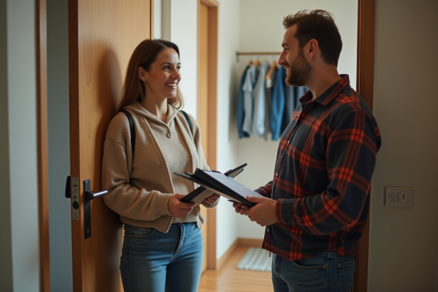 Femme parlant avec un réparateur à l'entrée de l'appartement