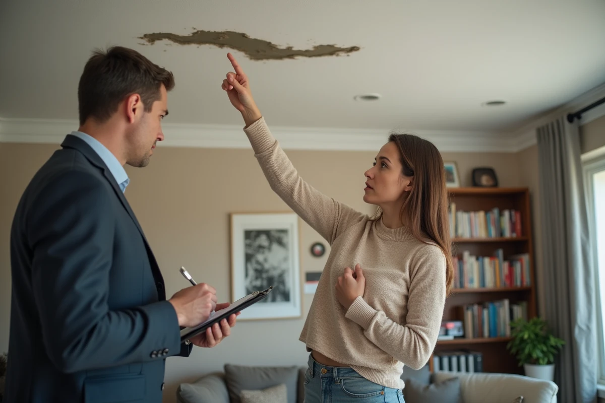 Femme pointant une peinture qui s effrite au plafond