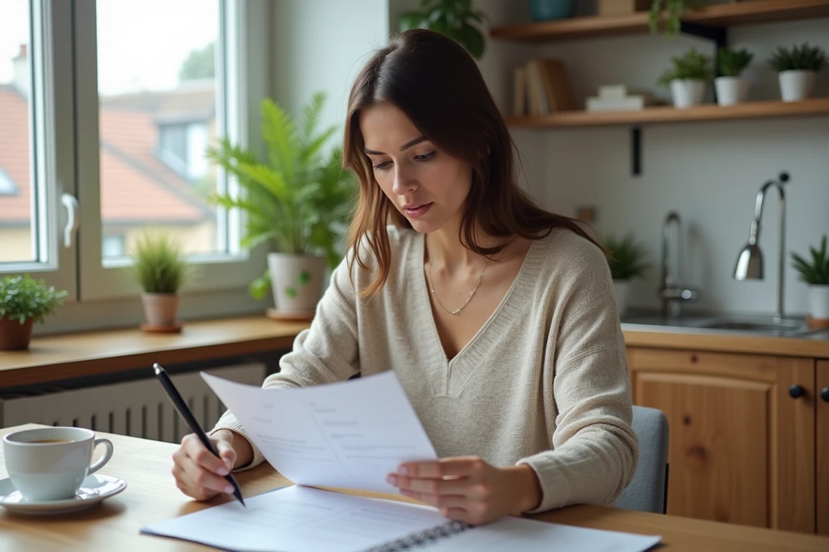 Femme relisant un contrat de location dans un appartement lumineux