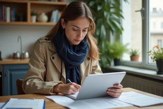 Jeune femme examine documents et tablette dans son appartement