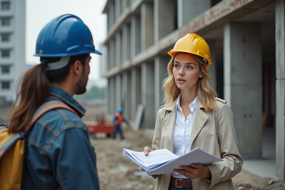 Jeune femme parlant avec un contremaitre sur un chantier urbain