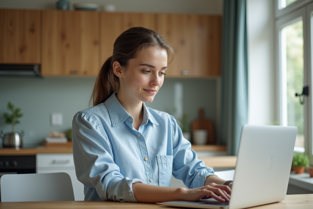 Femme assise à une table de cuisine moderne avec ordinateur