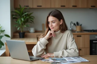 Jeune femme travaillant sur son ordinateur dans un appartement moderne