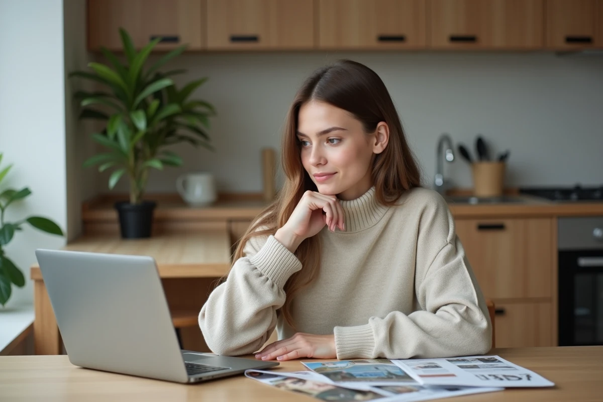 Jeune femme travaillant sur son ordinateur dans un appartement moderne
