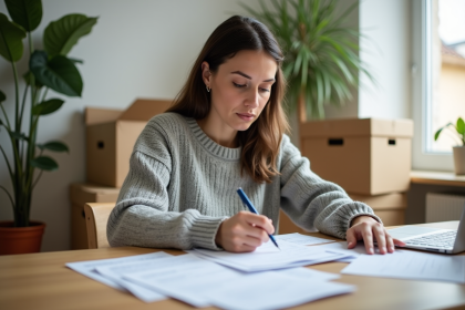 Femme triant des papiers administratifs dans un intérieur lumineux