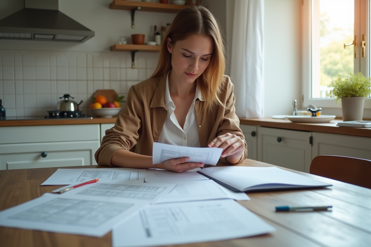 Jeune femme triant des dossiers fiscaux à la maison