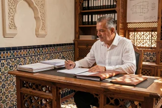 Un homme marocain consultant des documents de financement immobilier dans le bureau d'un riad traditionnel à Marrakech avec des zellige et des boiseries en cèdre sculptées