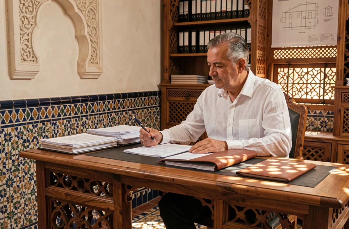 Un homme marocain consultant des documents de financement immobilier dans le bureau d'un riad traditionnel à Marrakech avec des zellige et des boiseries en cèdre sculptées